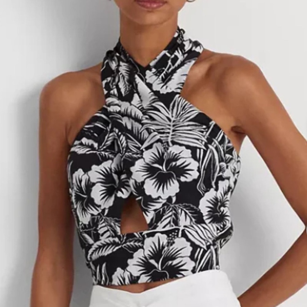 Ralph Lauren Floral Crepe Cropped Halter Blouse